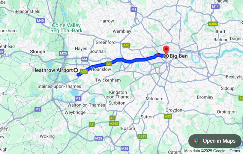 Heathrow to Big Ben Route Map